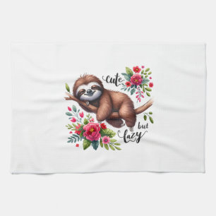 Cute Lazy Sloth Flowers Tea Towel