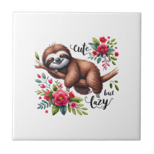 Cute Lazy Sloth Flowers Tile