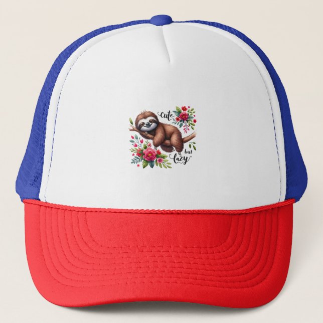 Cute Lazy Sloth Flowers Trucker Hat (Front)