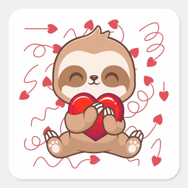 Cute Lazy Sloth Holding Heart Love Sloth Square Sticker (Front)