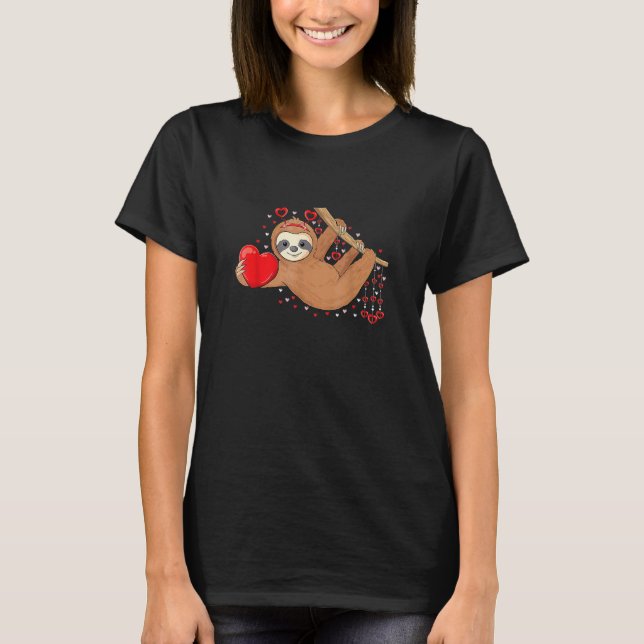 Cute Lazy Sloth Holding Heart Love Sloth Valentine T-Shirt (Front)