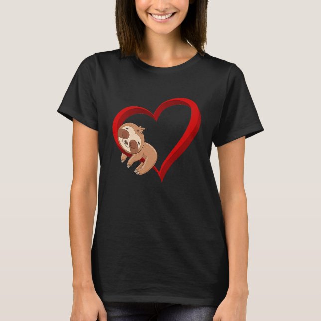 Cute Lazy Sloth Holding Heart Love Slothie Valenti T-Shirt (Front)