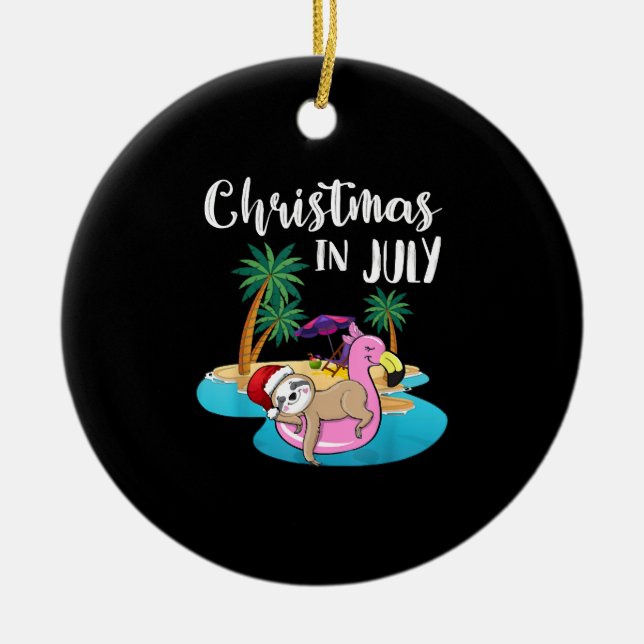 Cute Lazy Sloth On Flamingo Float Christmas Ceramic Tree Decoration (Front)
