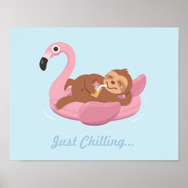 Cute Lazy Sloth on Pink Flamingo Float Print (Front)