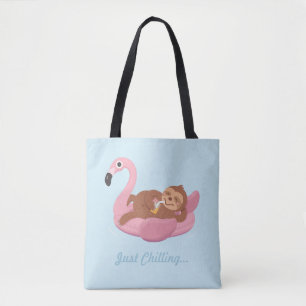 Cute Lazy Sloth On Pink Flamingo Float Summer Tote Bag