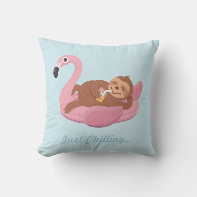 Cute Lazy Sloth Pink Flamingo Float Summer Pillow (Front)