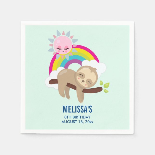 Cute Lazy Sloth with Sun & Rainbow Birthday Napkin (Front)