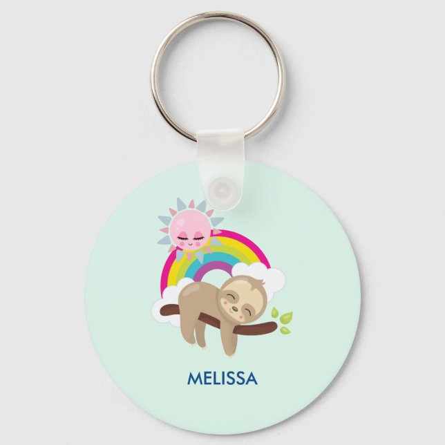 Cute Lazy Sloth with Sun & Rainbow Key Ring (Front)