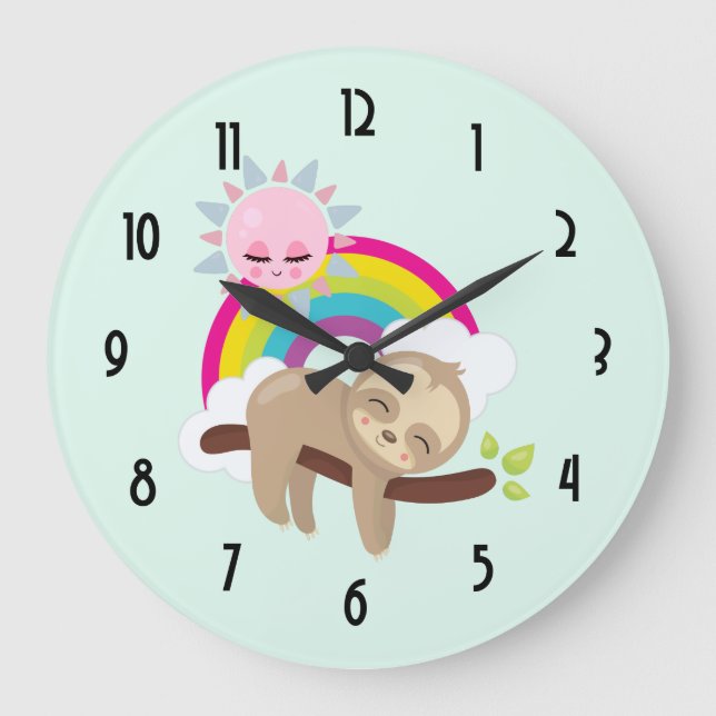 Cute Lazy Sloth with Sun & Rainbow Large Clock (Front)