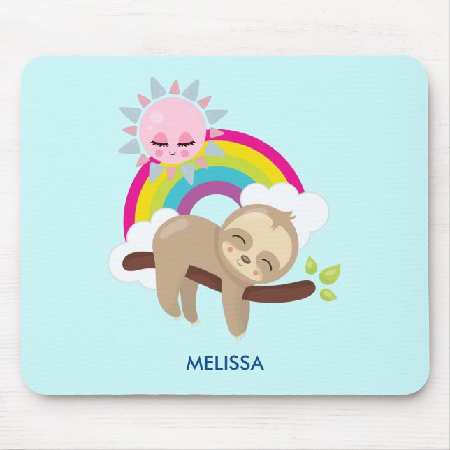 Cute Lazy Sloth with Sun & Rainbow Mouse Mat (Front)