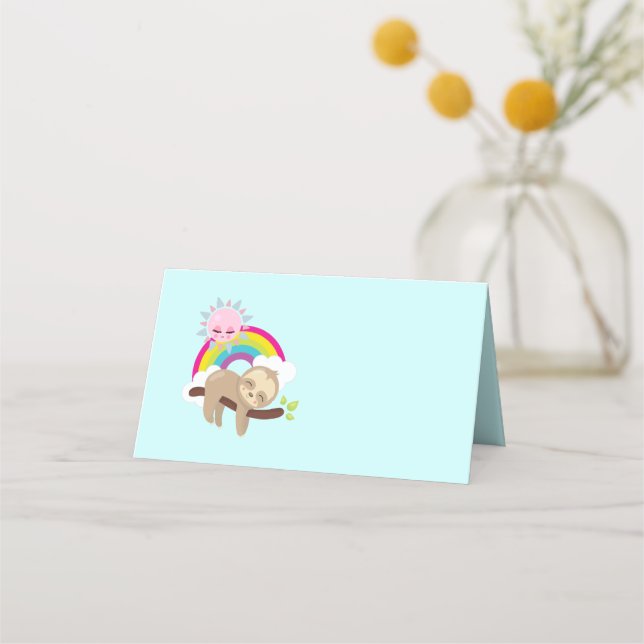 Cute Lazy Sloth with Sun & Rainbow Place Card (Front)