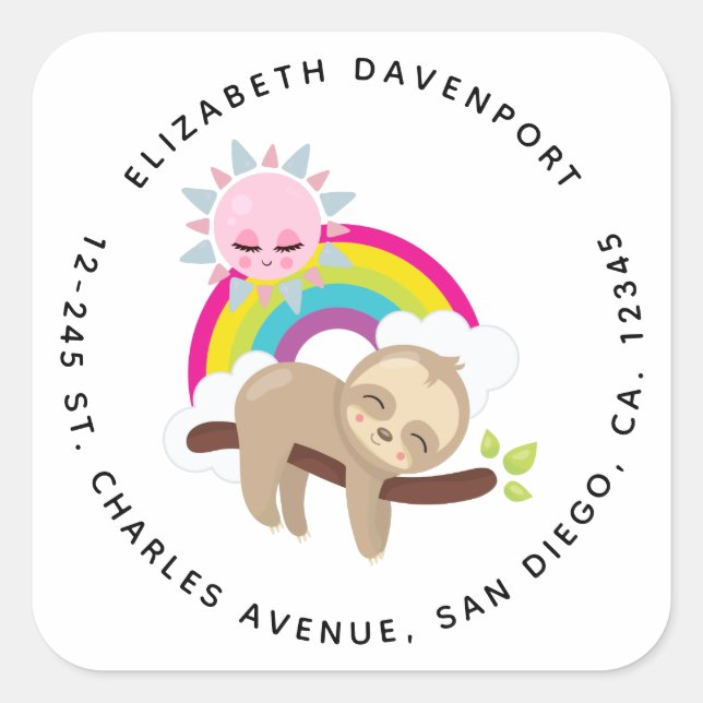 Cute Lazy Sloth with Sun & Rainbow Square Sticker (Front)