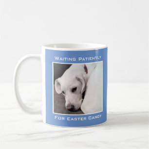 Cute Lazy White Dog Waiting For Easter Candy blue Coffee Mug