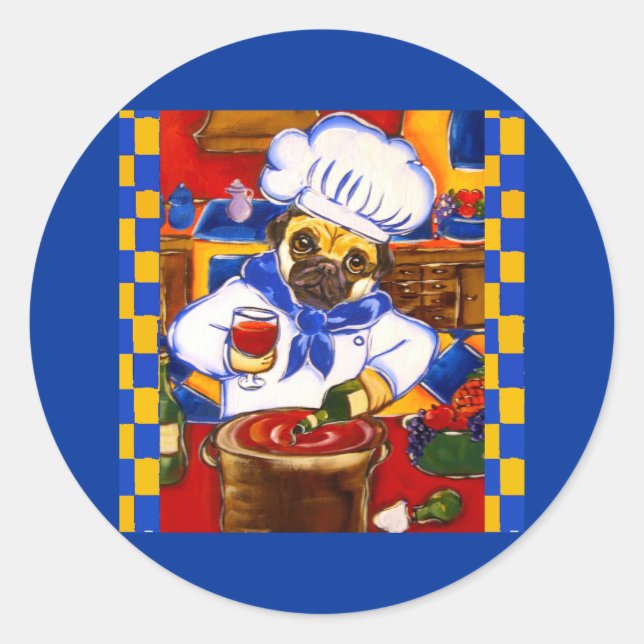 Cute Le Cafe Pug Chef Classic Round Sticker (Front)