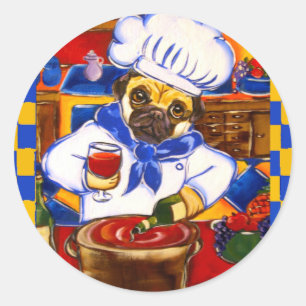 Cute Le Cafe Pug Chef Classic Round Sticker