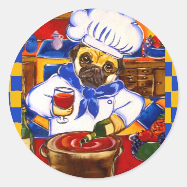 Cute Le Cafe Pug Chef Classic Round Sticker (Front)