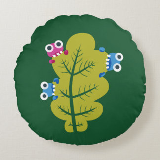Cute Leaf Eaten By Cartoon Bugs Kids Round Cushion