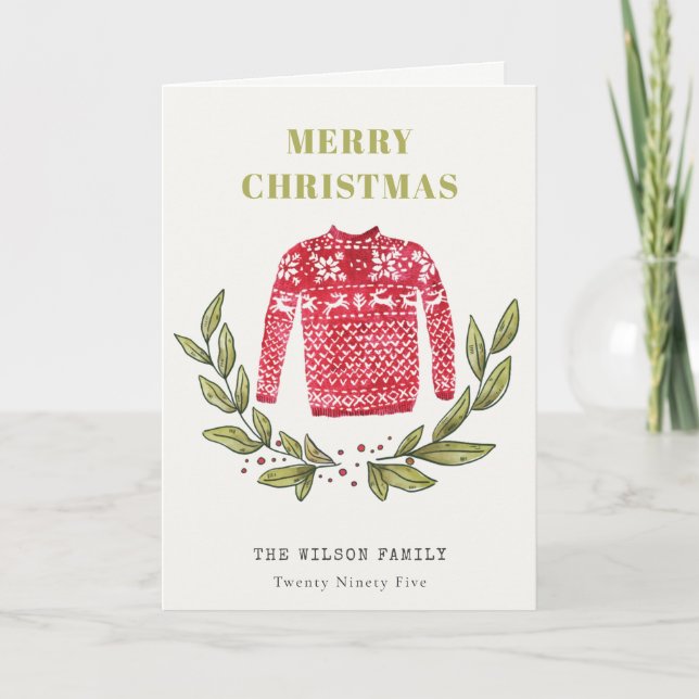 Cute Leafy Red Green Ugly Sweater Christmas Winter Holiday Card (Front)