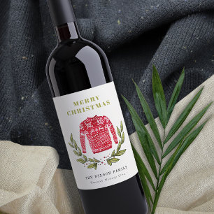 Cute Leafy Red Green Ugly Sweater Christmas Winter Wine Label