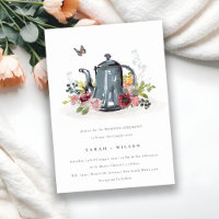 Cute Leafy Rose Floral Teapot Wedding Invite