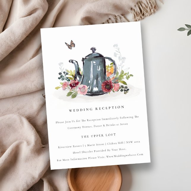 Cute Leafy Rose Floral Teapot Wedding Reception Enclosure Card (Creator Uploaded)