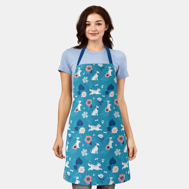 Cute Leaping Dog Floral Botanical Blue Pet Pattern Apron (Worn)
