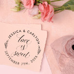 Cute Leaves Love Is Sweet Round Wedding Thank You Self-inking Stamp<br><div class="desc">To customise these botanical themed stamps replace our text with your names and your wedding date. Featuring "Love is Sweet" in a chic calligraphy script with flourishes, with simple curved text and hand-drawn leaves placed around it. Make your thank you wedding favours look even more unique by stamping them with...</div>