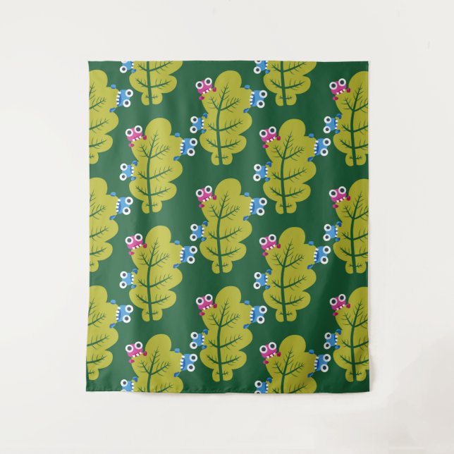 Cute Leaves Pattern With Cartoon Bugs Green Tapestry (Front)