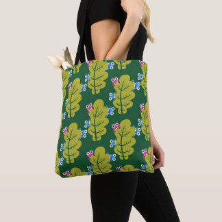 Cute Leaves Pattern With Cartoon Bugs Green Tote Bag