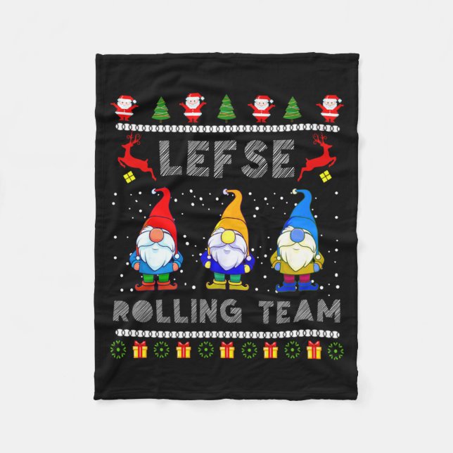 Cute Lefse Rolling Team Norwegian Gnomes Ugly Xmas Fleece Blanket (Front)