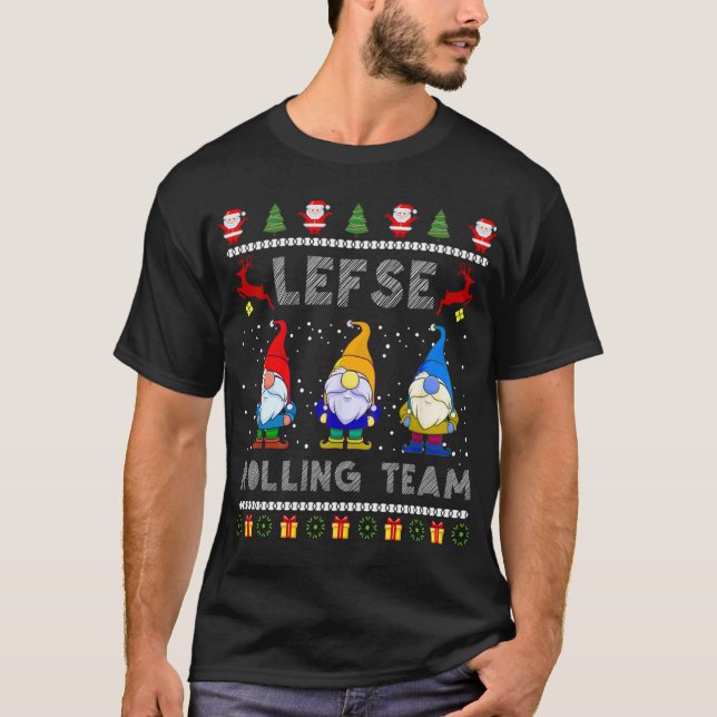 Cute Lefse Rolling Team Norwegian Gnomes Ugly Xmas T-Shirt (Front)