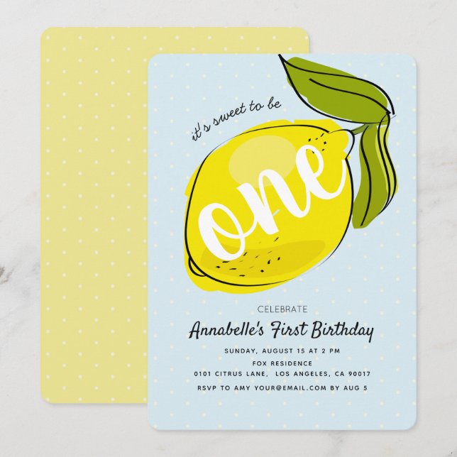 Cute Lemon 1st Birthday Baby Blue Party Invitation (Front/Back)