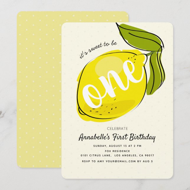 Cute Lemon 1st Birthday Yellow Party Invitation (Front/Back)