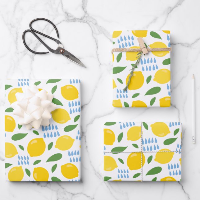Cute lemon and green leaves pattern wrapping paper sheet (Front)
