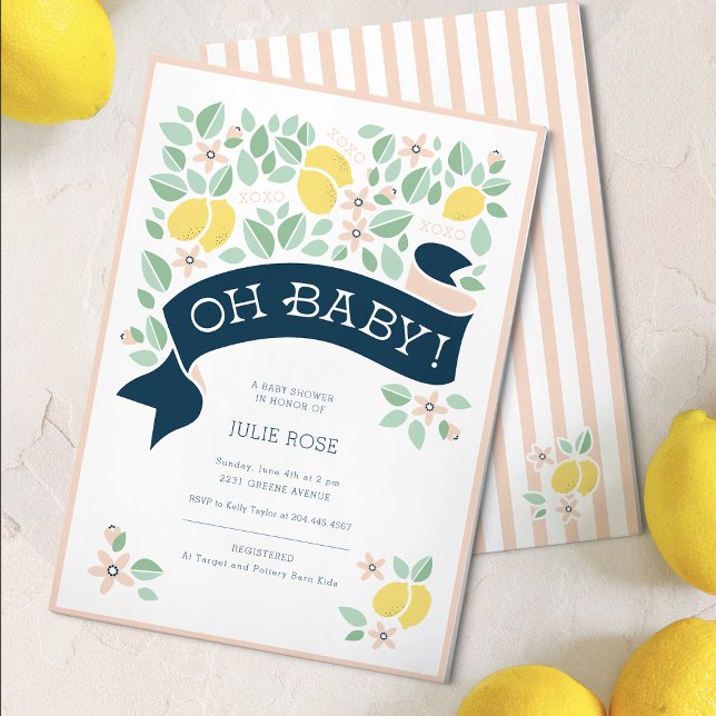 Cute Lemon Botanical Pink Baby Shower  Invitation (Cute Lemon Yellow Botanical Bold Baby Shower  Invitation)