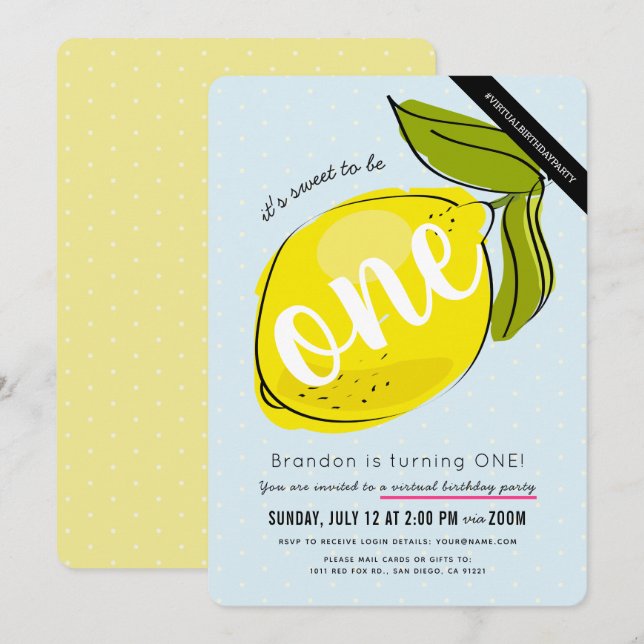 Cute Lemon Boy Blue Virtual 1st Birthday Invitation (Front/Back)