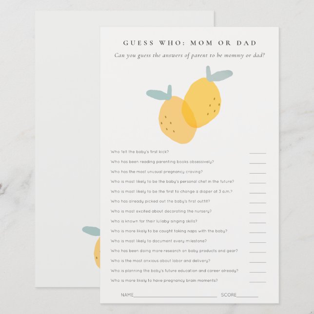 Cute Lemon Citrus Baby Shower Guess Who Mum or Dad (Front/Back)