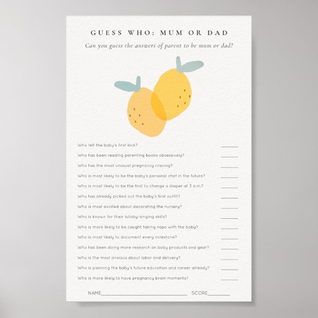 Cute Lemon Citrus Baby Shower Guess Who Mum or Dad Poster (Front)