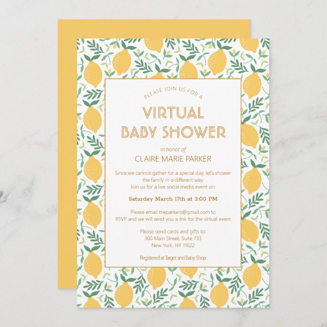Cute Lemon Citrus Foliage Virtual Baby Shower Invitation (Front/Back)