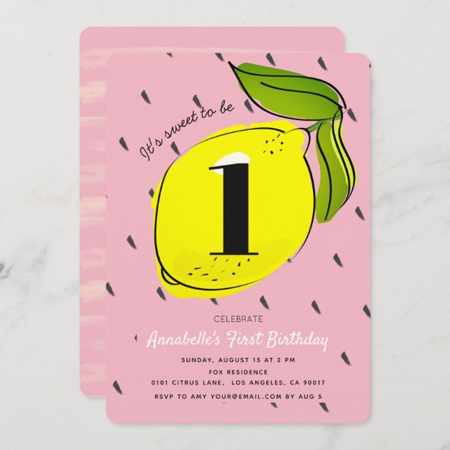 Cute Lemon Citrus Pink Birthday Party Invitation (Front/Back)