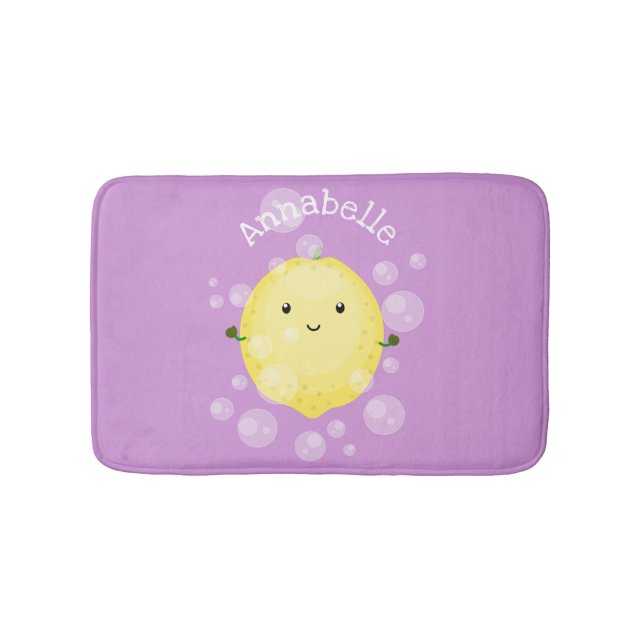 Cute lemon fruit cartoon bubbles illustration bath mat (Front)