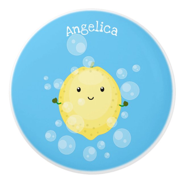 Cute lemon fruit cartoon bubbles illustration ceramic knob (Front)