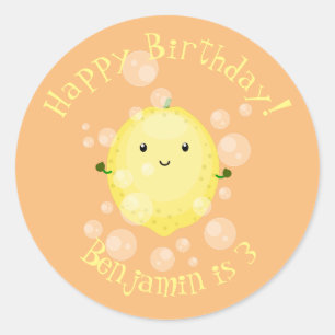 Cute lemon fruit cartoon bubbles illustration classic round sticker