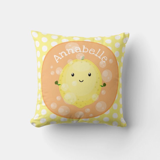 Cute lemon fruit cartoon bubbles illustration cushion (Front)