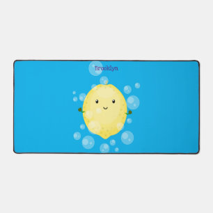 Cute lemon fruit cartoon bubbles illustration desk mat