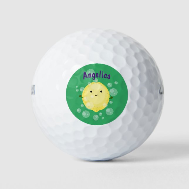 Cute lemon fruit cartoon bubbles illustration golf balls (Front)