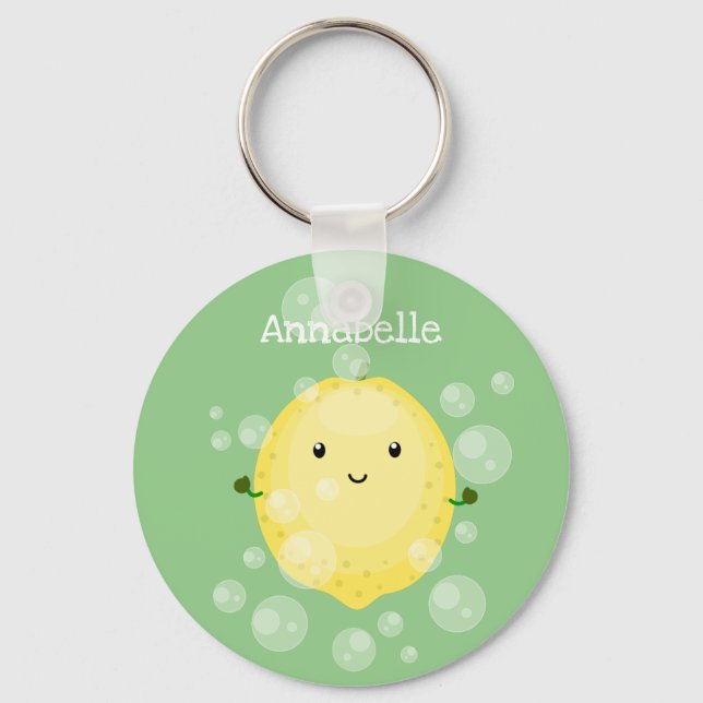 Cute lemon fruit cartoon bubbles illustration key ring (Front)