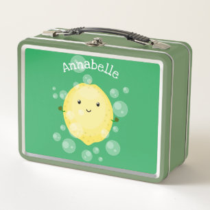 Cute lemon fruit cartoon bubbles illustration metal lunch box