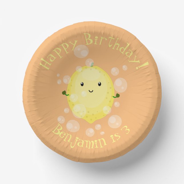 Cute lemon fruit cartoon bubbles illustration paper plate (Front)
