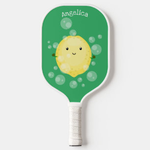 Cute lemon fruit cartoon bubbles illustration pickleball paddle